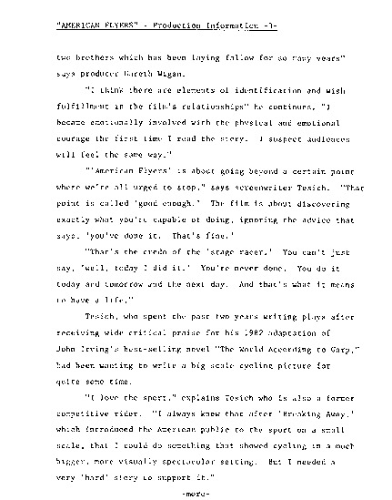 press kit page 4 of 21 titled American flyers, source: Warner Bros.