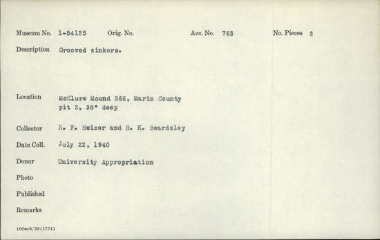 Documentation associated with Hearst Museum object titled Sinkers, accession number 1-54125, described as Grooved. Notice: Image restricted due to its potentially sensitive nature. Contact Museum to request access.