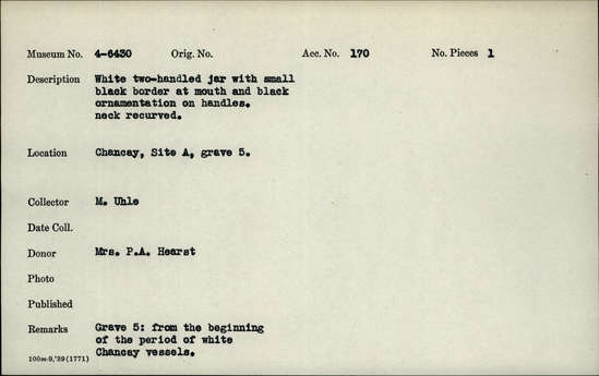 Documentation associated with Hearst Museum object titled Jar, accession number 4-6430, no description available.