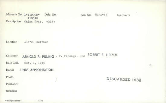 Documentation associated with Hearst Museum object titled Potsherd, accession number 1-119009, described as China fragment, white. Notice: Image restricted due to its potentially sensitive nature. Contact Museum to request access.