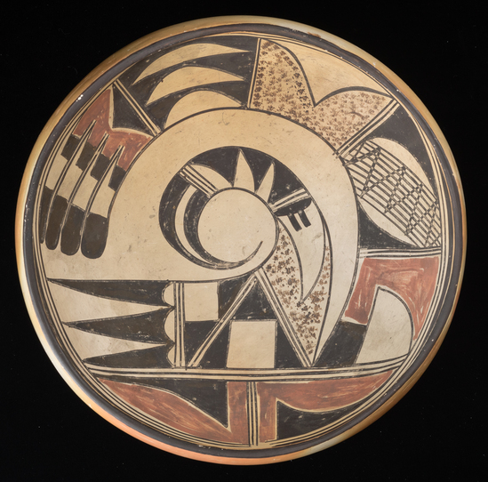 Hearst Museum object 1 of 3 titled Bowl, accession number 2-16750, described as Ceramic, stylized bird design on interior in black and red on buff ground, black framing lines and rim. Molded and painted.