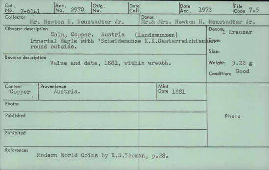 Documentation associated with Hearst Museum object titled Coin, accession number 7-6141, described as Coin, copper. Weight 3.22 gram. Condition good. Denomination: 1 Kreuzer. Obverse description: Imperial eagle with “Scheidemunze K. K. Oesterreichische’ round the outside. Reverse description: Value and date, 1881, within wreath.