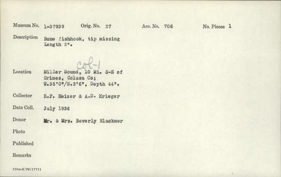 Documentation associated with Hearst Museum object titled Fishhook, accession number 1-37939, described as Bone, tip missing.