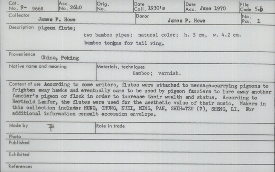 Documentation associated with Hearst Museum object titled Pigeon flute, accession number 9-9668, described as pigeon flute; 2 bamboo pipes; natural color; ht. 5 cm, w. 4.2 cm, bamboo tongue for tail ring.