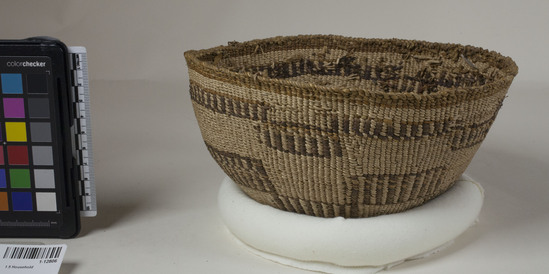 Hearst Museum object 2 of 2 titled Food basket, accession number 1-12806, described as Food basket; twined. Warp is twisted Tule (Schoenoplectus acutus), weft is twisted Tule, Nettle (Urtica), and Cattail (Typha latifolia). Black pattern is Tule root. Brown dye is aged Tule skin (split).