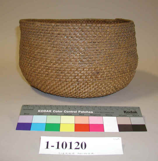 Hearst Museum object titled Receptacle basket, accession number 1-10120, described as Receptacle basket; coiled. Warp is Willow (Salix), weft is Willow and possibly Maple (Acer macrophyllum).  Interlocking stitches has a bit of cloth attached near rim.  No decoration.  Single rod coiling.