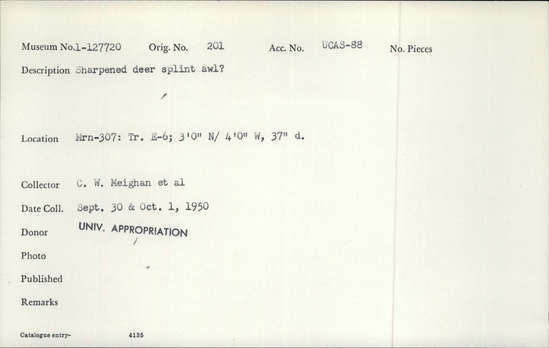 Documentation associated with Hearst Museum object titled Awl, accession number 1-127720, described as Sharpened deer splint awl ? Notice: Image restricted due to its potentially sensitive nature. Contact Museum to request access.