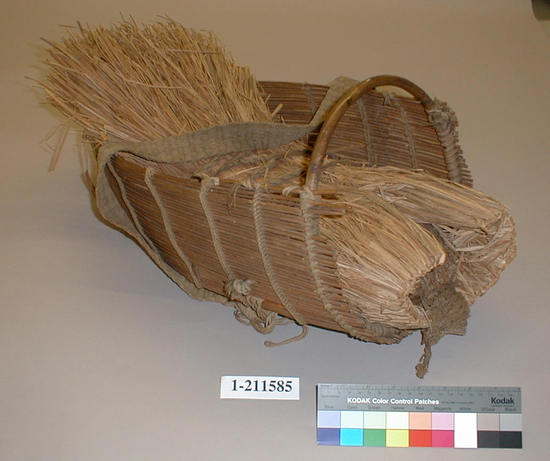 Hearst Museum object titled Cradle, accession number 1-211585, described as Shredded tule "blanket" for cradle basket.