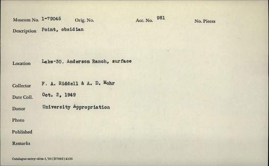 Documentation associated with Hearst Museum object titled Point, accession number 1-79045, described as Obsidian.