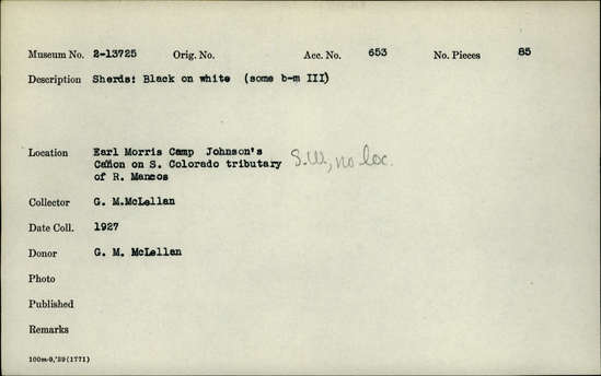 Documentation associated with Hearst Museum object titled Potsherds, accession number 2-13725, described as Black on white.