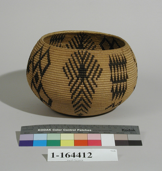 Hearst Museum object titled Basket, accession number 1-164412, described as Coiled; globular.  Black designs, incl. diamonds and triangles.