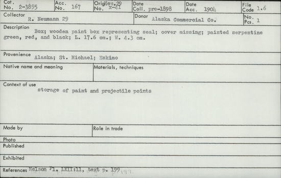 Documentation associated with Hearst Museum object titled Box, accession number 2-3895, described as Wooden paint box (with lid missing) representing a seal moving on ice. A serpentine is painted in green, red, and black. Used for storage of paints and projectile points.