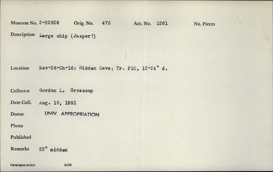 Documentation associated with Hearst Museum object titled Stone point, accession number 2-32828, described as Large chip (Jasper?)