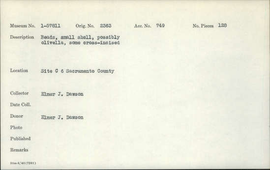 Documentation associated with Hearst Museum object titled Beads, accession number 1-57811, described as Small shell, possibly olivella, some cross-incised