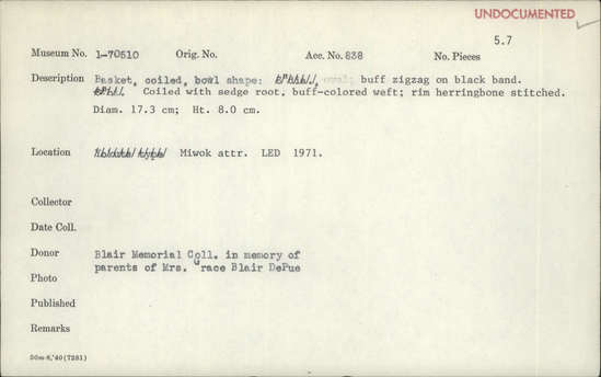 Documentation associated with Hearst Museum object titled Bowl basket, accession number 1-70510, described as Coiled, bowl shape.  Buff zigzag on black band.  Coiled with sedge root, buff-colored weft; rim herringbone stitched.