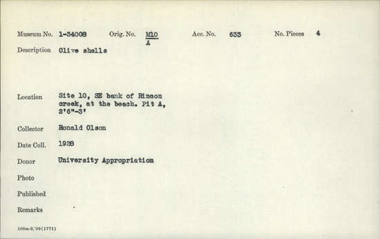 Documentation associated with Hearst Museum object titled Shell, accession number 1-34008, described as Olivella shells