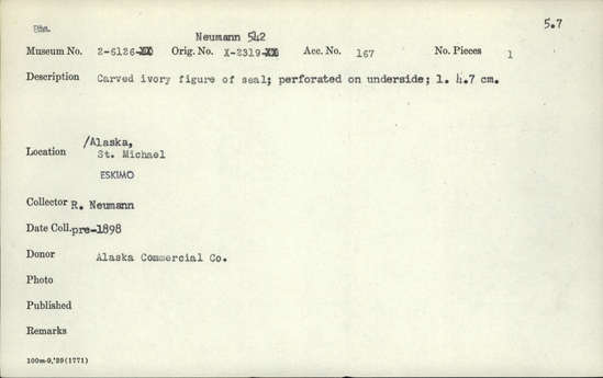 Documentation associated with Hearst Museum object titled Zoomorph, accession number 2-6126, described as Carved ivory figure of seal.  Perforated on underside.