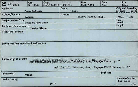 Documentation associated with Hearst Museum object titled Audio recording, accession number 24-2423, described as Song of the Bats Notebook 14, p.152 Series 10, Record 1