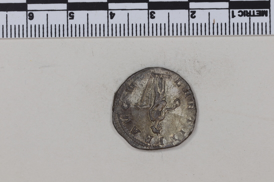 Hearst Museum object 8 of 8 titled Coin: billon antoninianus, accession number 8-7532, described as Diameter 21 mm, weight 4.03 grams. Gordian III, 238-244. Obverse description: Inscription: IMP CORDIANVS PIVS FEL AVG. Bust facing right, rad. Reverse description: Inscription: LAETITIA AVG N. Laetitia stg. left.