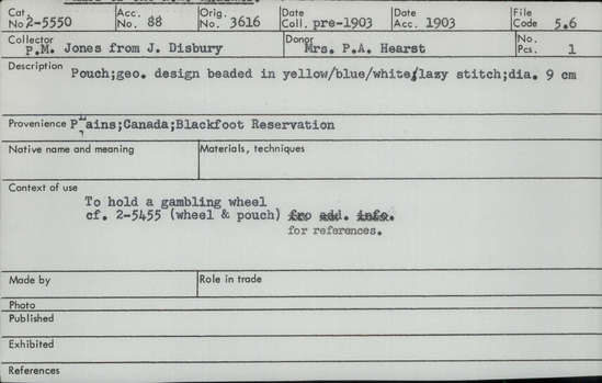 Documentation associated with Hearst Museum object titled Pouch, accession number 2-5550, described as Geometric design beaded in yellow, blue, and white.  Lazy stitch.