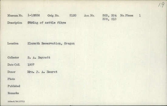 Documentation associated with Hearst Museum object titled String, accession number 1-12836, described as Of nettle fiber.