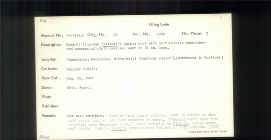 Documentation associated with Hearst Museum object titled Leggings, accession number 7-5135a,b, described as Woman's leggings (tozluci); purple wool with multicolored embroidery and commercial cloth overlay; each is 31 cm long.