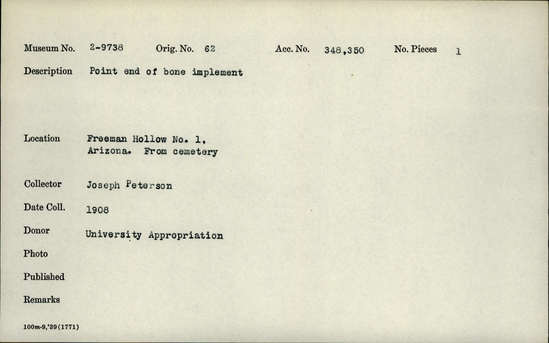 Documentation associated with Hearst Museum object titled Awl, accession number 2-9738, described as Piece of awl