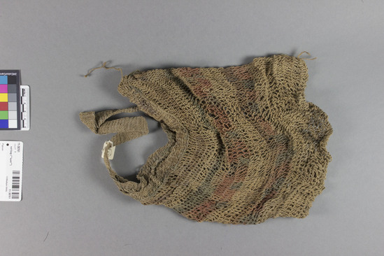 Hearst Museum object titled Net bag, accession number 11-38761, described as Net bag ("sum"); looped bast cordage with looped bast cordage handle; red, green and yellow bands; according to size, used to carry babies, small pigs, garden produce