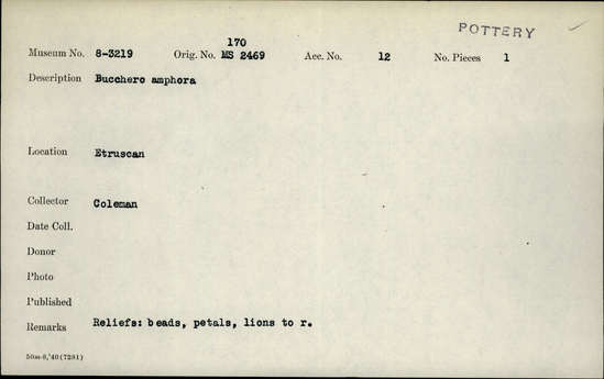 Documentation associated with Hearst Museum object titled Amphora, accession number 8-3219, described as Bucchero amphora