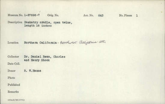 Documentation associated with Hearst Museum object titled Cradle, accession number 1-27696, described as Basketry cradle, open twined. Per Ralph Shanks:  Twined openwork baby basket, with commercial cloth tie.  The warp material is probably willow.  The wefts are of uncertain material.  At the foot there is plain twining, spaced closer than the rest of the basket.  The rim is covered with possibly conifer root, reinforced with two rods.  Starting at the foot there is one unpaired weft row, followed by several sets of two weft rows, with the uppermost set having three weft rows.  The basket has an up to the right slant of weft twist.  The basket is from Northwestern California.