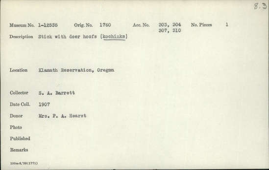 Documentation associated with Hearst Museum object titled Stick with hoofs, accession number 1-12535, described as Stick with deer hoofs.