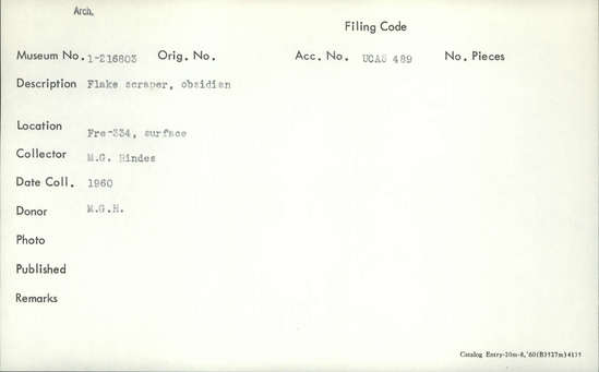 Documentation associated with Hearst Museum object titled Scraper, accession number 1-216803, described as Flake scraper, obsidian.