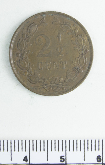 Hearst Museum object 2 of 4 titled Coin, accession number 7-2859, described as Coin: Cu; Obverse- Koning Rijk. Der. Nederlandden 1883 Reverse- 2 1/2 cent; 3.78 grams.