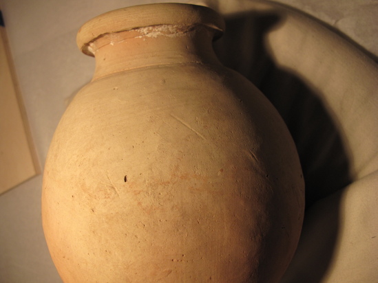 Hearst Museum object 44 of 85 titled Broken jar, accession number 6-5740, described as Pottery: smooth pinkish globose jar, rim broken