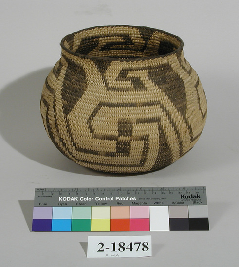 Hearst Museum object titled Basket, accession number 2-18478, described as Coiled, necked, globular. Loose and wide spaced stitch, "swastika" designs.