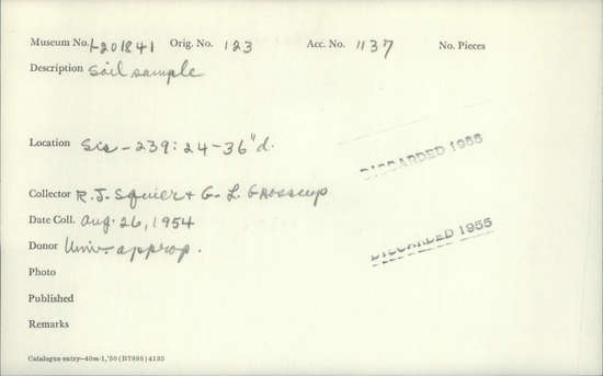 Documentation associated with Hearst Museum object titled Soil sample, accession number 1-201841, described as soil sample.