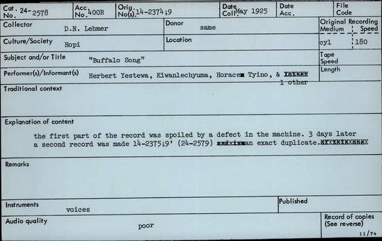 Documentation associated with Hearst Museum object titled Audio recording, accession number 24-2578, described as Buffalo Song