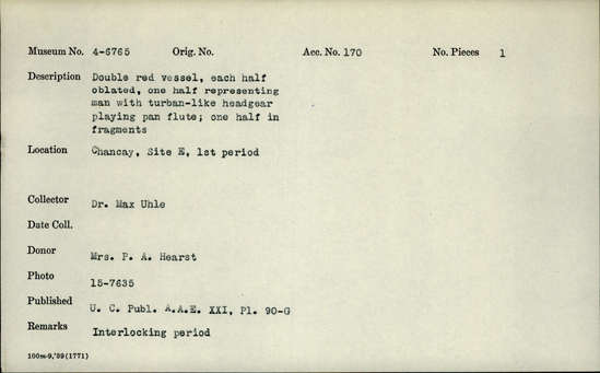 Documentation associated with Hearst Museum object titled Effigy vessel fragments, accession number 4-6765, no description available.