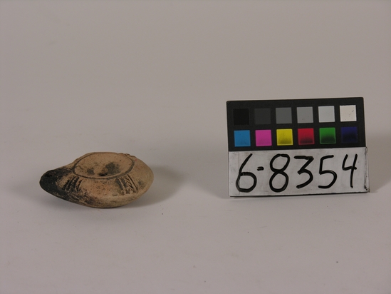 Hearst Museum object titled Oil lamp, accession number 6-8354, described as Pottery lamp, classic type.