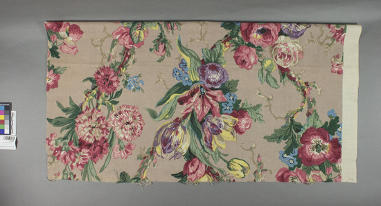 Hearst Museum object titled Textile sample, accession number 2-62643, described as Strip; cotton, plain weave, printed, light brown ground and varicolored designs, floral motives