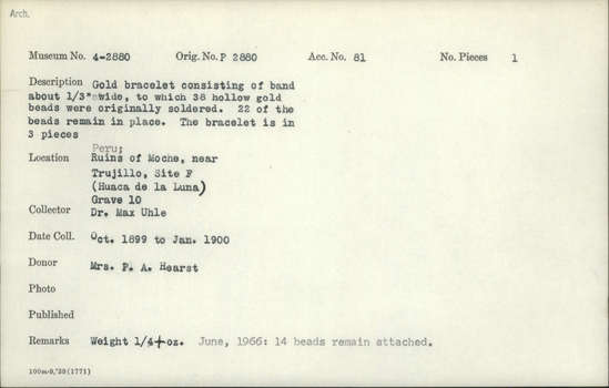 Documentation associated with Hearst Museum object titled Bracelet, accession number 4-2880, described as Gold bracelet consisting of band about ⅓ inches wide, to which 38 hollow gold beads were originally soldered. 22 of the beads remain in place. The bracelet is in 3 pieces