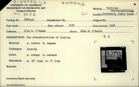 Documentation associated with Hearst Museum object titled Thread, accession number 3-27976a,b, described as [cat card Description: Two reconstructions of looping Materials: a. cotton   b. maguey Technique: Looping Colors: a. orange   b. natural Dimensions: a. 3 1/4" long   b. 3" long Remarks:    ]