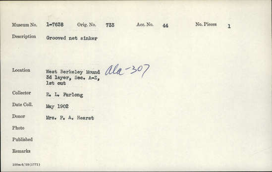 Documentation associated with Hearst Museum object titled Net sinker, accession number 1-7638, described as Grooved net sinker
