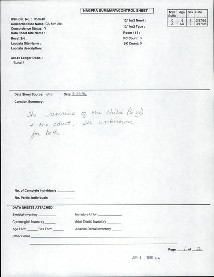 Documentation associated with Hearst Museum object titled Human remains, accession number 12-8748(0), described as Remains of one child (6 year old).