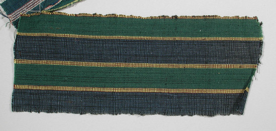 Hearst Museum object titled Textile fragment, accession number 5-11227, described as textile sample (section of narrow band weaving): two wide green and two wide black and blue threads alternating stripes; separated by four narrow stripes of yellow and red alternating threads.