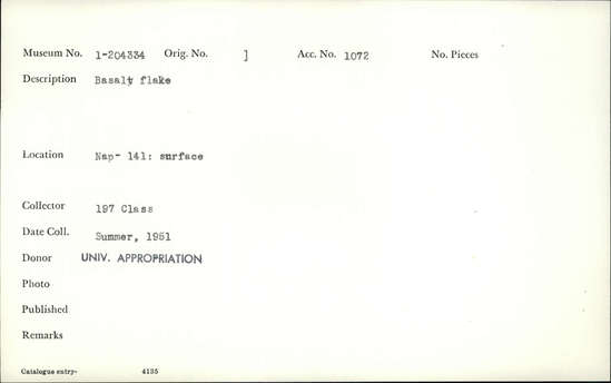 Documentation associated with Hearst Museum object titled Flake, accession number 1-204334, described as basalt flake