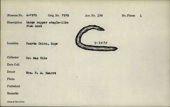 Documentation associated with Hearst Museum object titled Fishhook, accession number 4-7575, no description available.