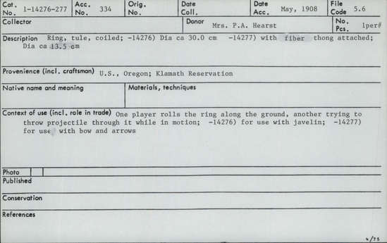 Documentation associated with Hearst Museum object titled Ring, accession number 1-14276, described as Large tule ring for javelin game.