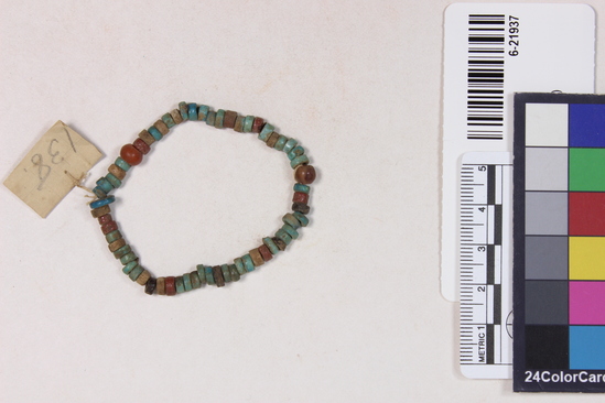 Hearst Museum object 2 of 3 titled Beads, accession number 6-21937, described as Breads, of faience, 2 of carnelian.