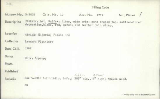 Documentation associated with Hearst Museum object titled Basketry hat, accession number 5-3095, described as Basketry hat; Malfa; fiber, wide brim; cone shaped top; multi-colored decoration, black, red green; red leather chin strap.
